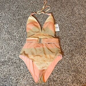 WET Metallic Stripe One Piece Swimsuit XS Halter‎ Neck Belted NEW